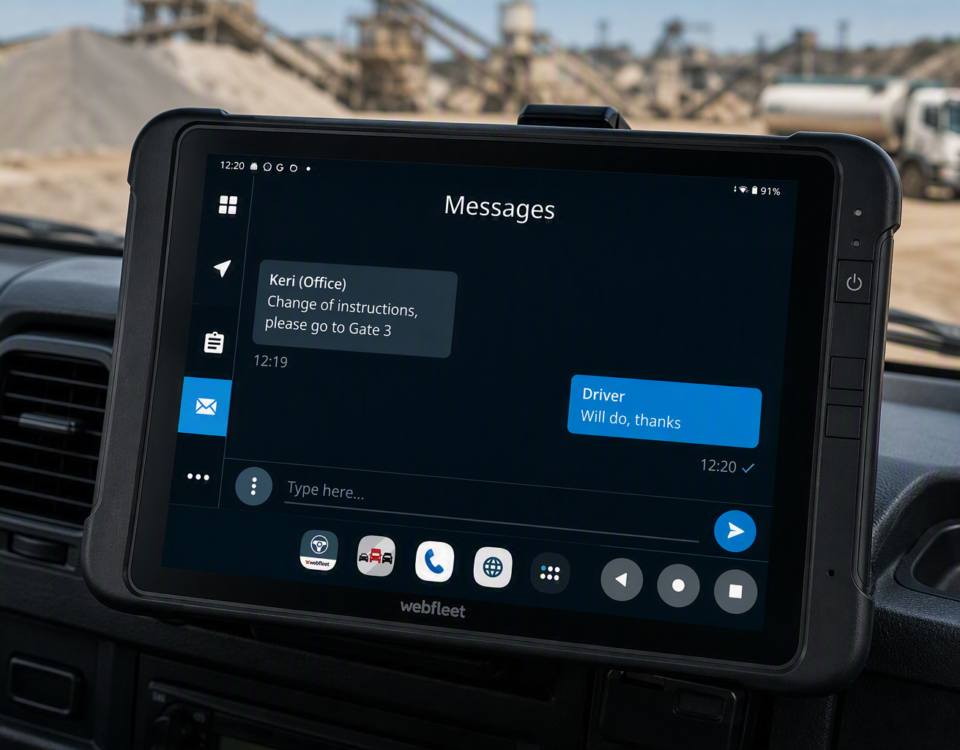 Webfleet driver terminal providing real-time communication between the office and driver at a construction site